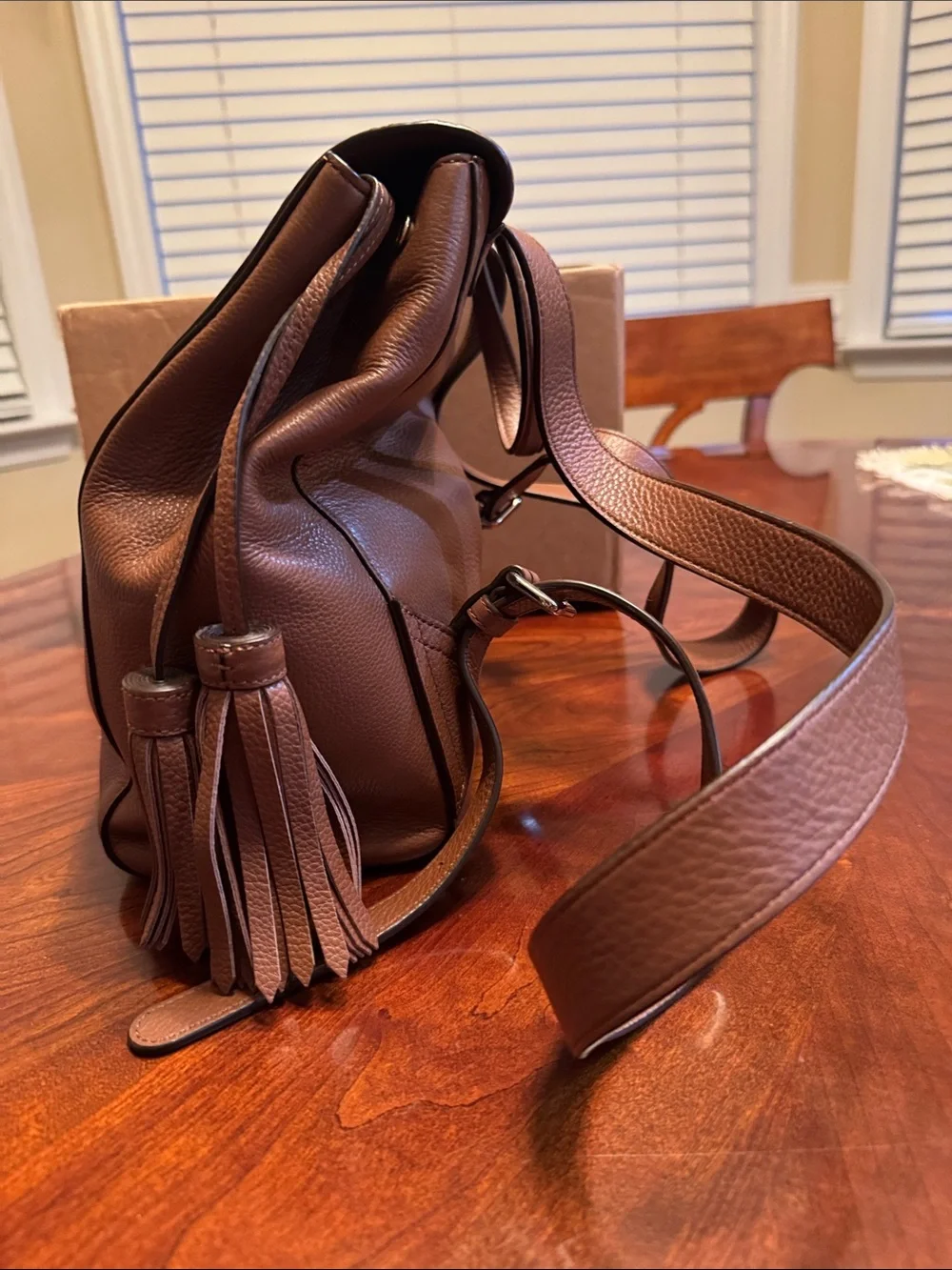 DKNY Brown Pebbled Leather Backpack with Tassel